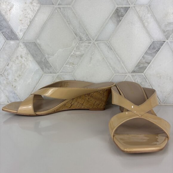 7.5 Patent Cork Wedge Heel Sandal Square Toe Criss Cross Strap Tan Leather Miami - Picture 2 of 13